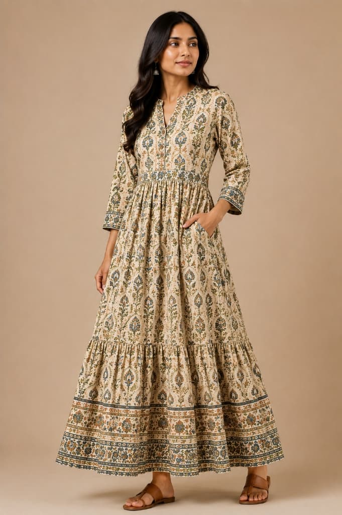 Kesariya Booti Tiered Amber Cotton Dress with Pockets