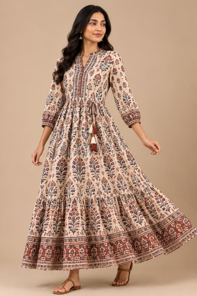 Manjari Madder Rust Tiered Flared Dress with Tassels - Main View