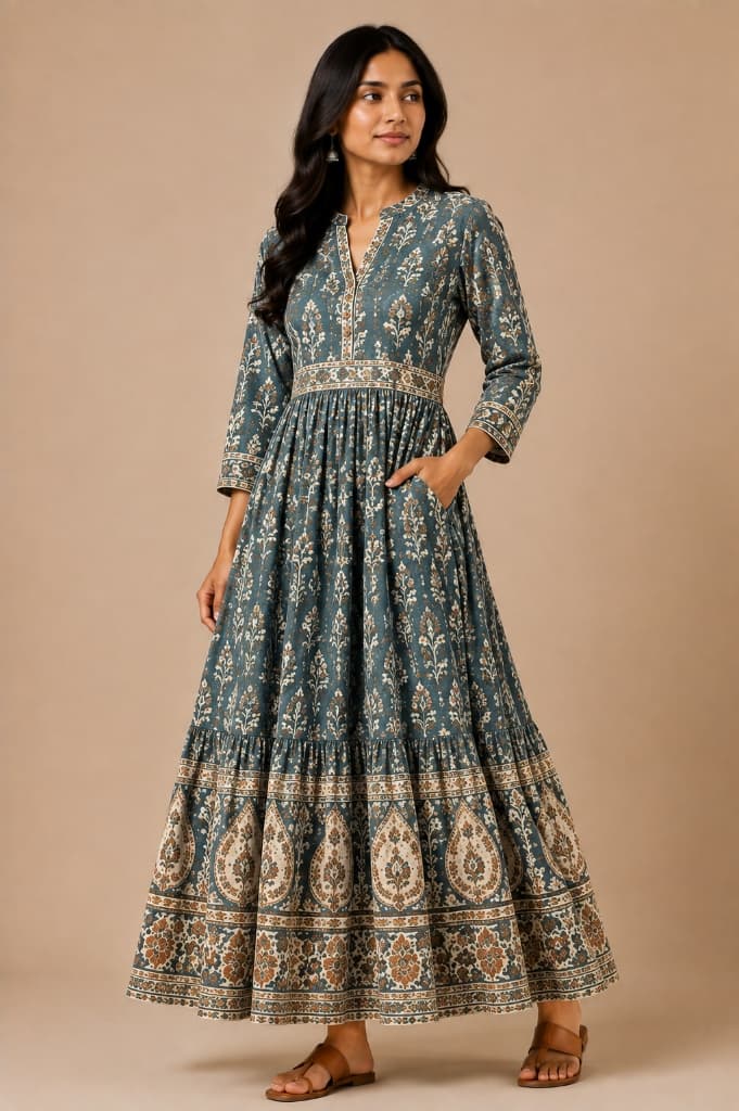 Neelambari Indigo Slate Tiered Boota Dress with Pockets