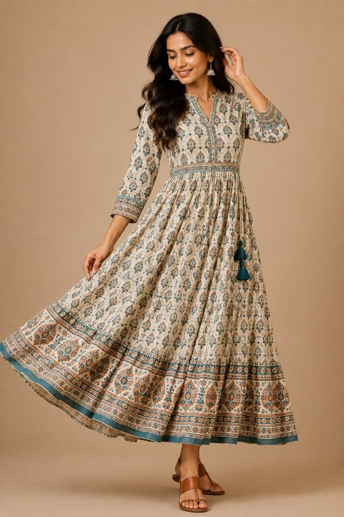 Sandhya Beige & Teal Rust Mughal Tiered Maxi Dress - Main View