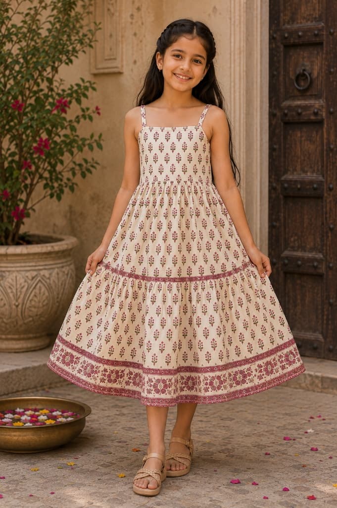 Aarohi Berry Plum & Olive Floral Tiered Cotton Dress