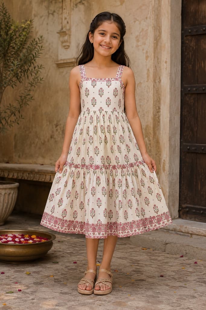 Gulabi Dusty Rose & Sage Floral Booti Tiered Cotton Dress