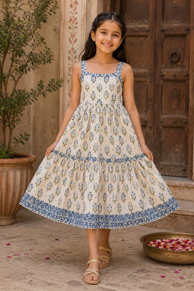 Kiran Royal Blue & Sage Tiered Flounce Cotton Dress