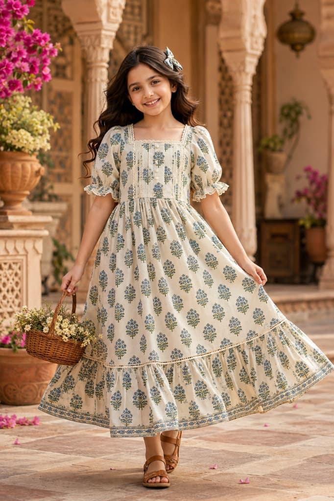 Meera Slate Blue Pintuck Puff-Sleeve Cotton Dress - Main View