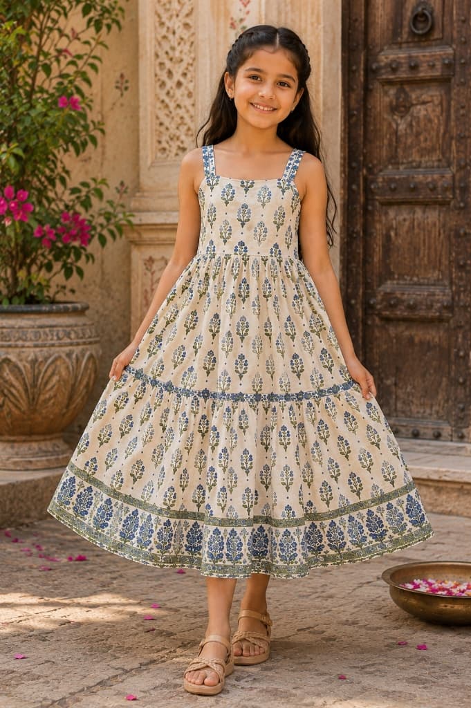 Tarini Ocean Blue & Moss Green Floral Tiered Cotton Dress