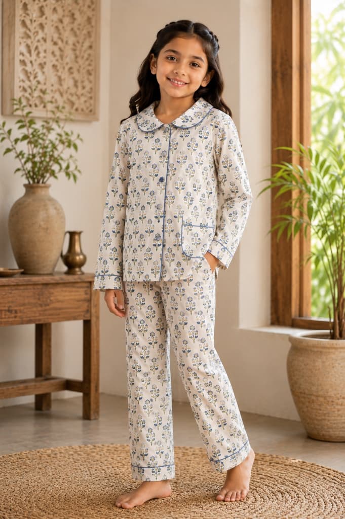 Aditi Royal Sapphire Botanical Sprig Cotton Pajama Set - Main View