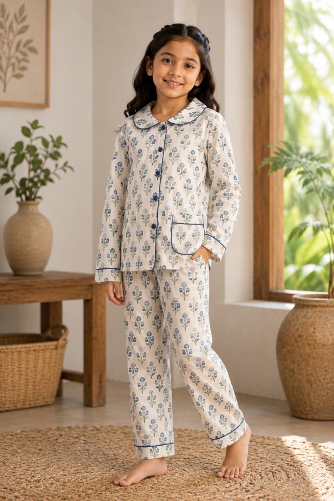 Neelambari Indigo & Sage Floral Boota Cotton Pajama Set - Main View