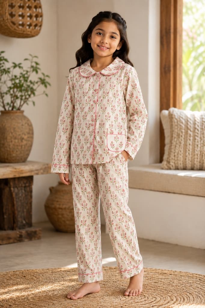 Riya Blossom Rose & Sage Booti Cotton Pajama Set - Main View