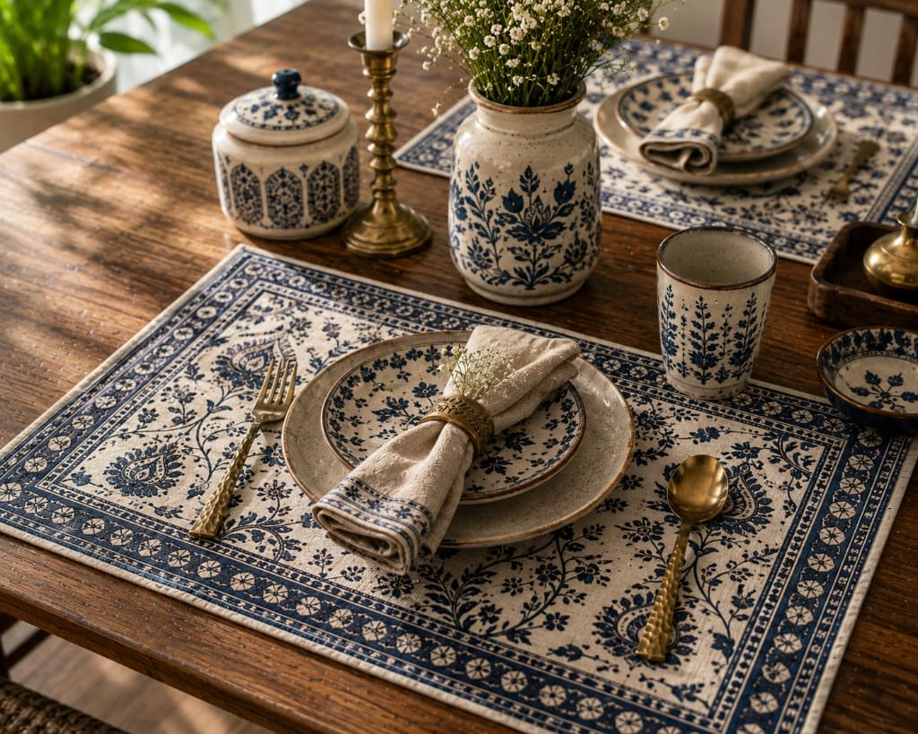 Neelambari Cobalt Paisley Trellis Hand Block Printed Cotton Placemat Set - Main View
