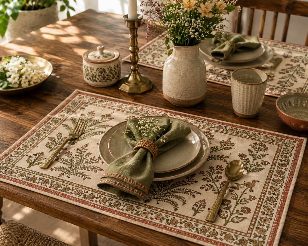 Vanvaas Sage Garden & Songbird Hand Block Printed Cotton Placemat Set - Main View
