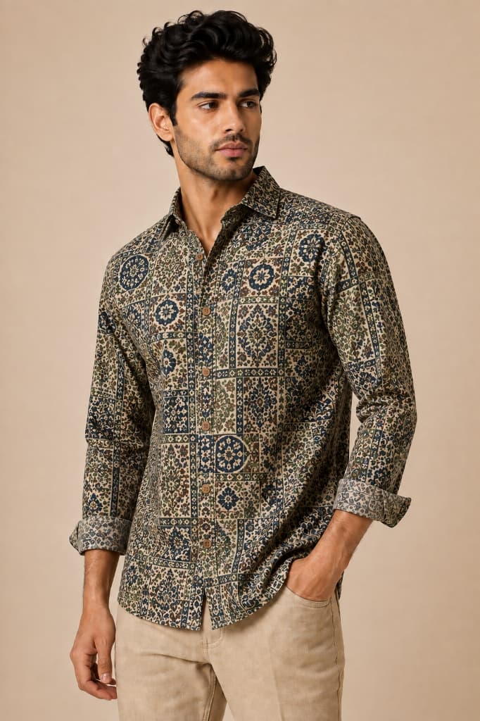 Aarush Olive & Forest Mosaic Tile Hand Block Printed Cotton Shirt - Main View
