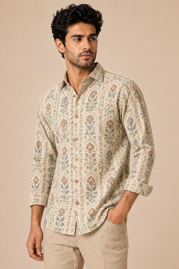Keshav Sand Cream Floral Arch Stripe Hand Block Printed Shirt