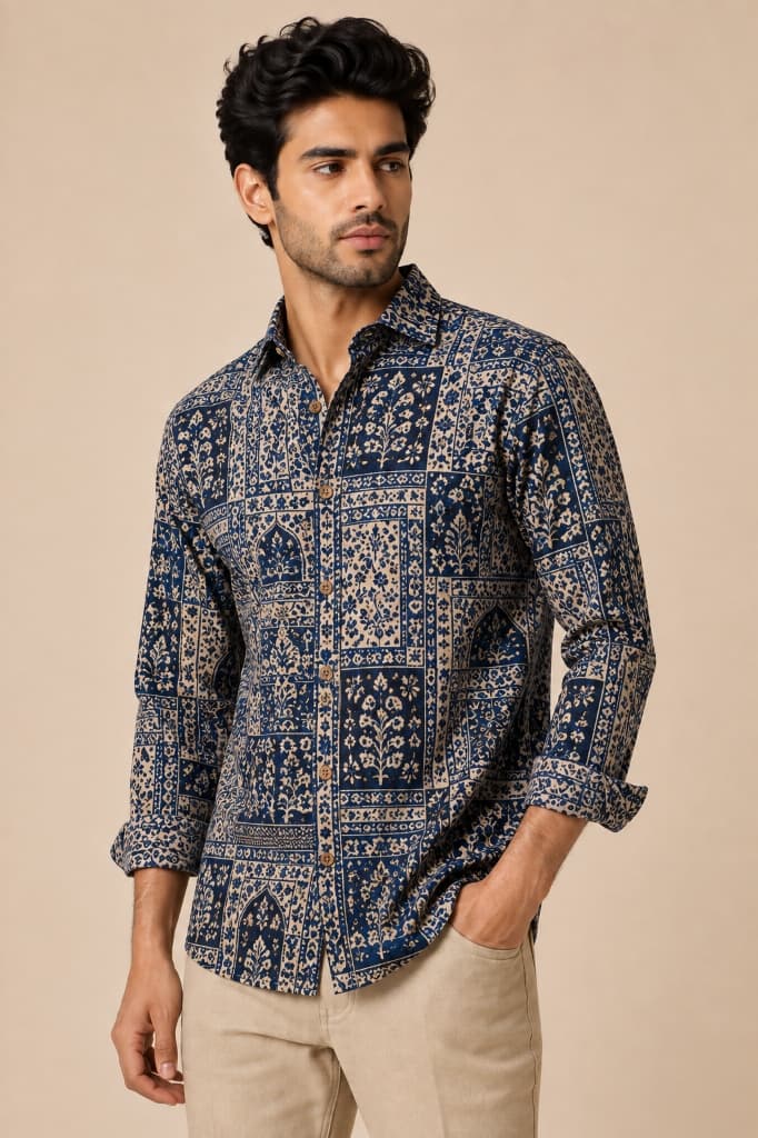 Neel Jharokha Deep Indigo Arch Grid Block Printed Cotton Shirt - Main View