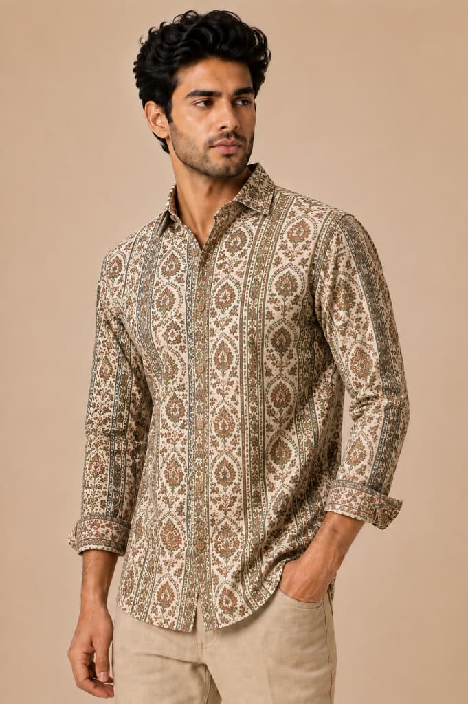 Raghav Khaki Mughal Stripe Hand Block Printed Cotton Shirt
