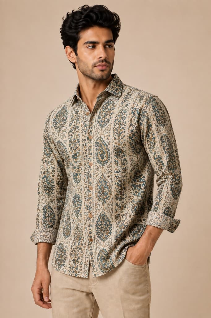 Shaan Sage & Khaki Paisley Column Hand Block Printed Cotton Shirt - Main View