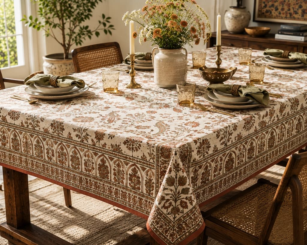 Jharokha Arch Mughal Trellis Block Printed Cotton Tablecloth - Main View