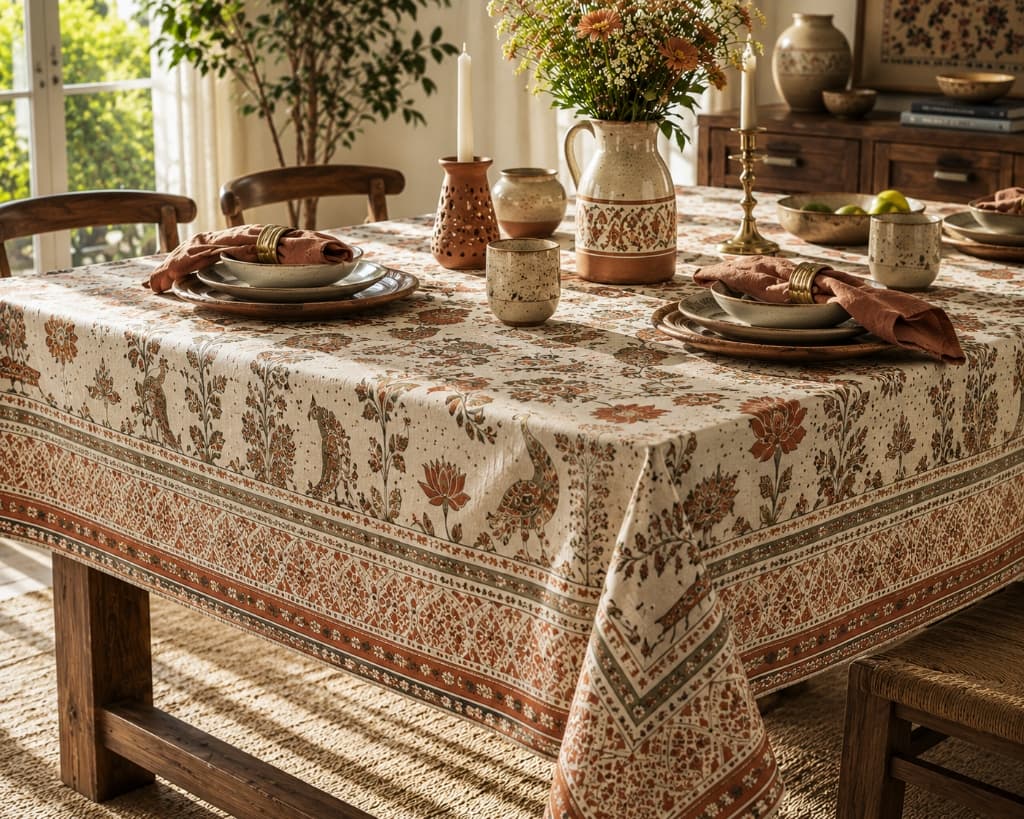 Kamalini Peacock & Lotus Blossom Hand Block Printed Cotton Tablecloth