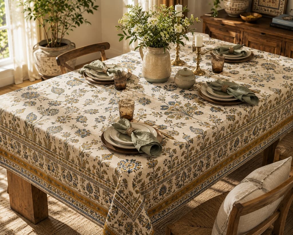 Keshar Mughal Floral Boota Sprig Hand Block Printed Cotton Tablecloth