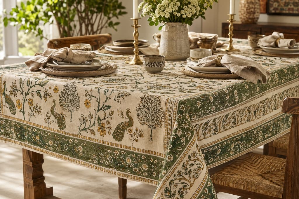 Mayur Van Emerald Sage Botanical Hand Block Printed Cotton Tablecloth