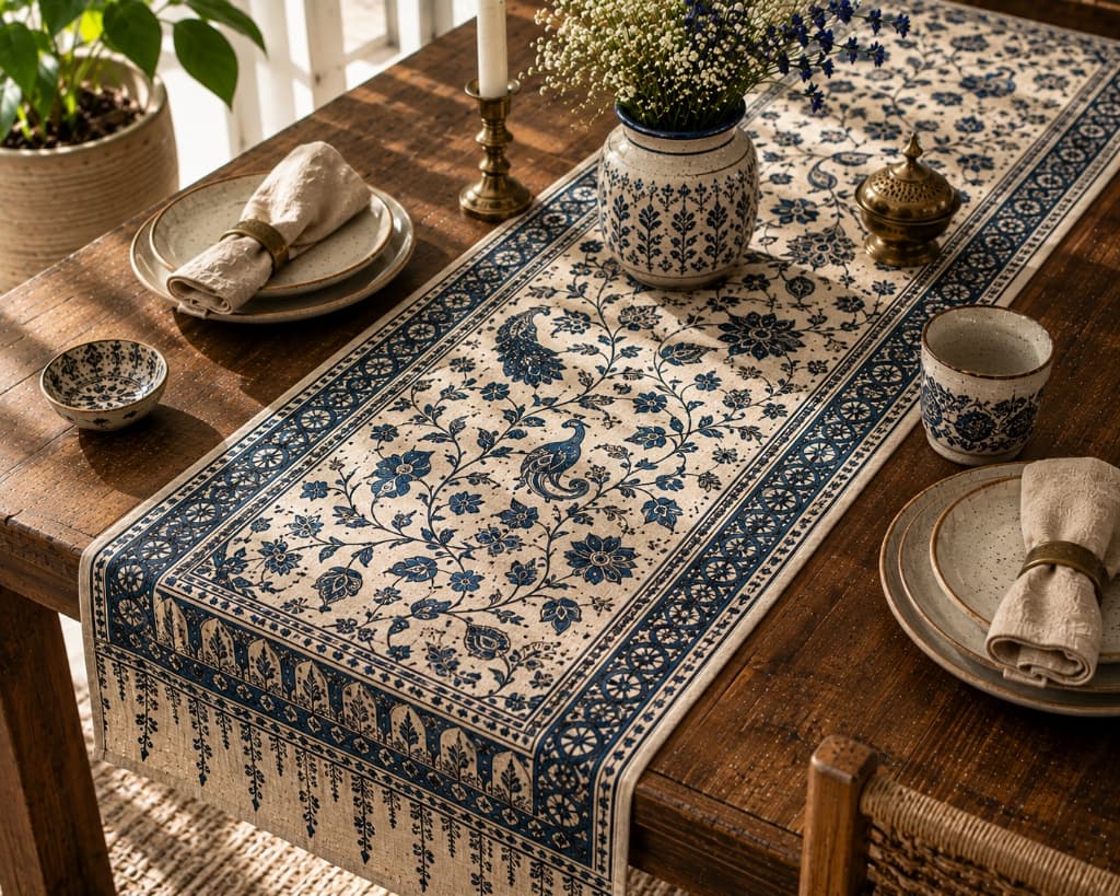 Mayur Indigo Peacock & Floral Jaal Hand Block Printed Table Runner - Main View