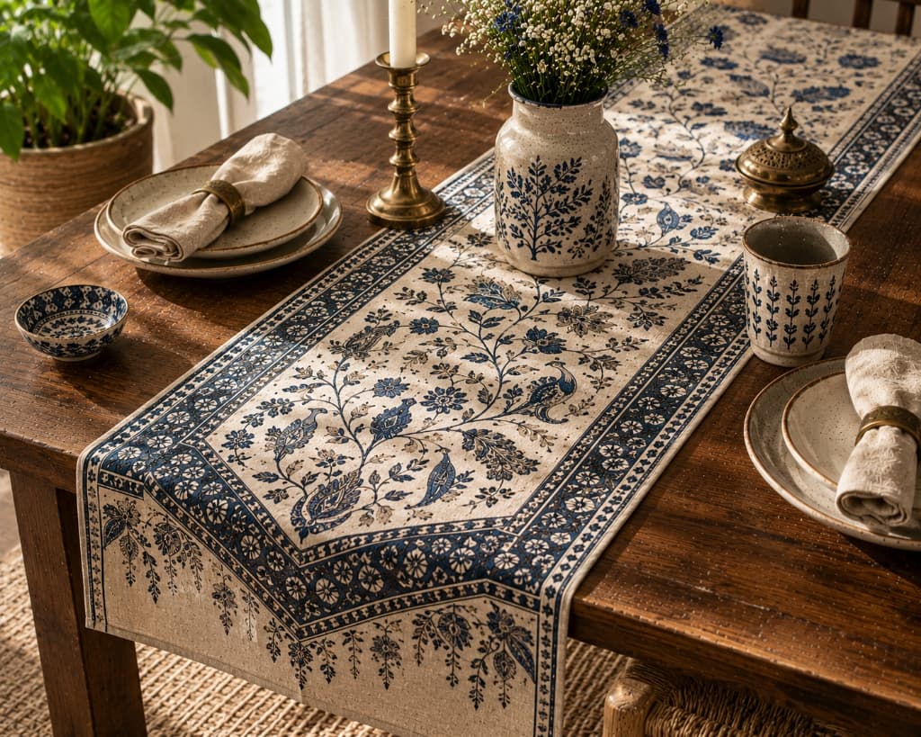 Neelambari Cobalt Botanical Paisley Hand Block Printed Table Runner - Main View