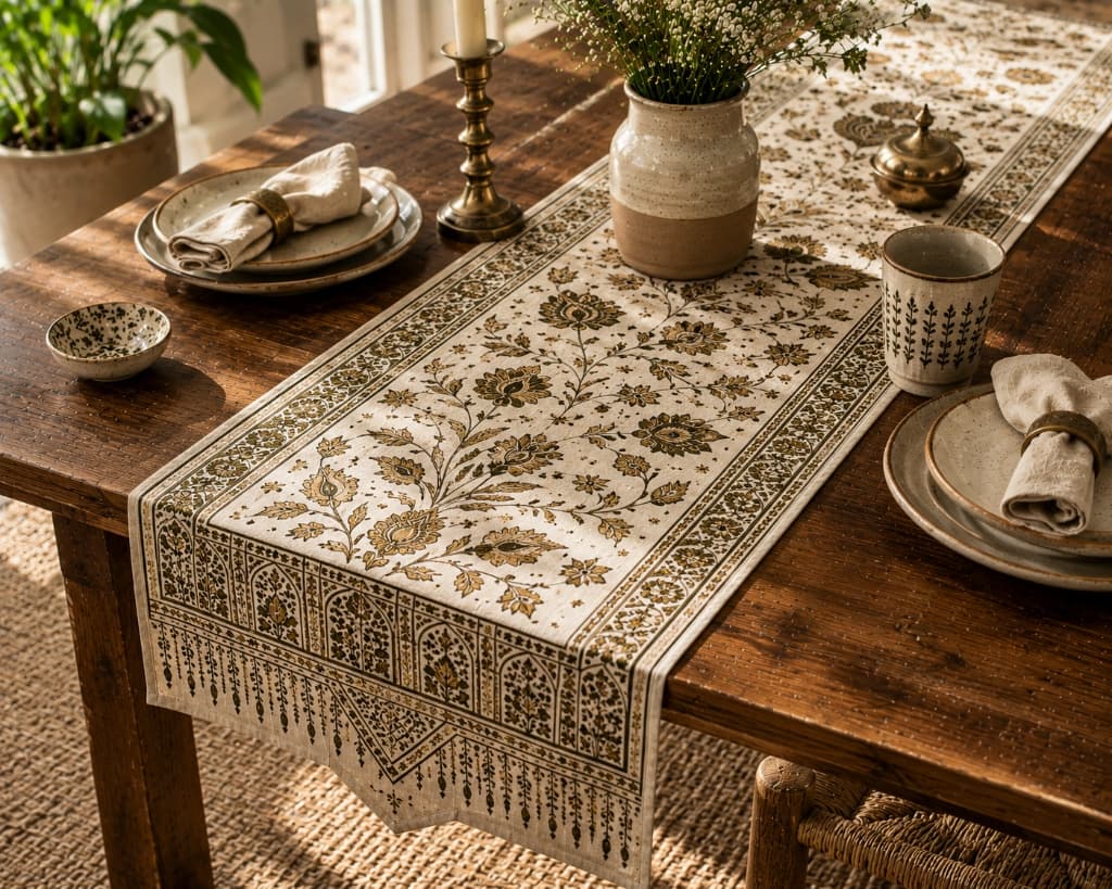 Sheetal Olive Sage & Antique Gold Floral Block Printed Table Runner - Main View
