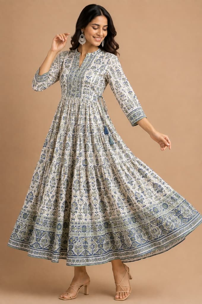 Alankrita Teal Blue Floral Jaal Tiered Anarkali Dress with Tassels - Main View