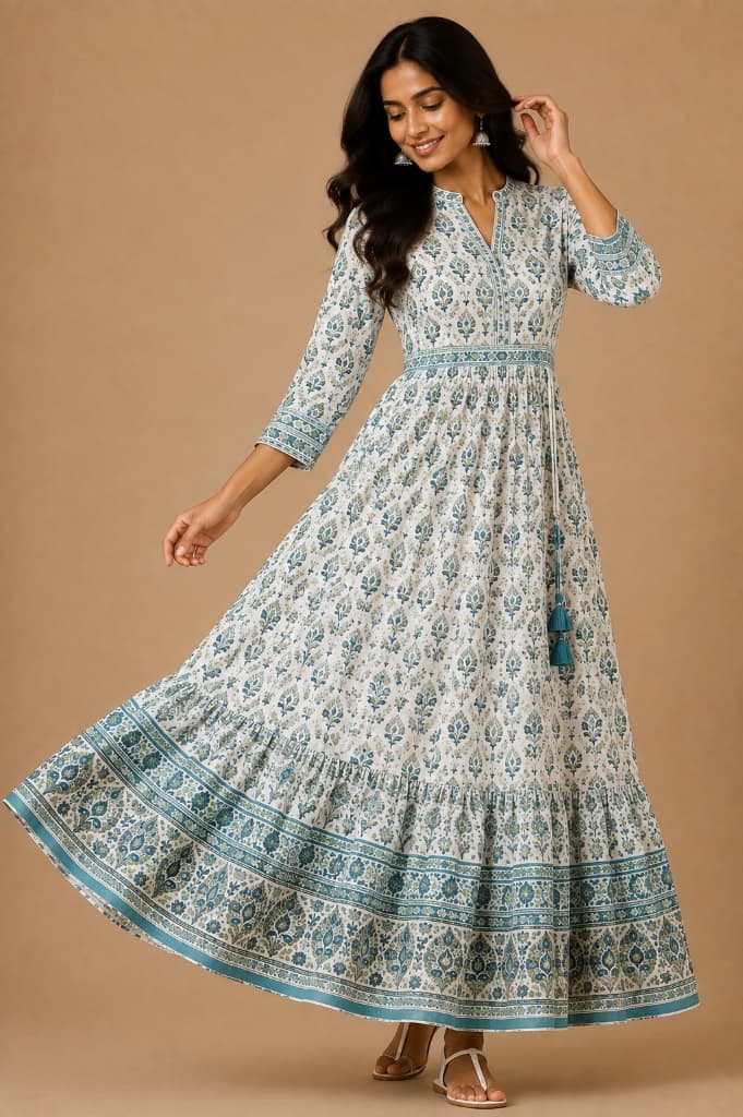 Chandrika Turquoise Floral Boota Tiered Maxi Dress - Main View