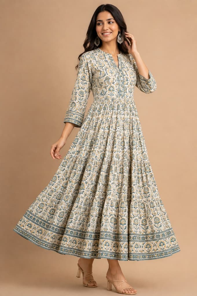 Sheetal Sage Jaal Tiered Cotton Anarkali Dress - Main View