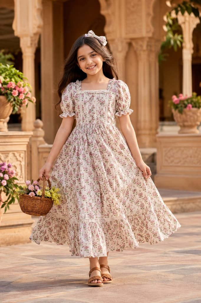 Anaya Mauve Rose Puff-Sleeve Pintuck Cotton Dress - Main View