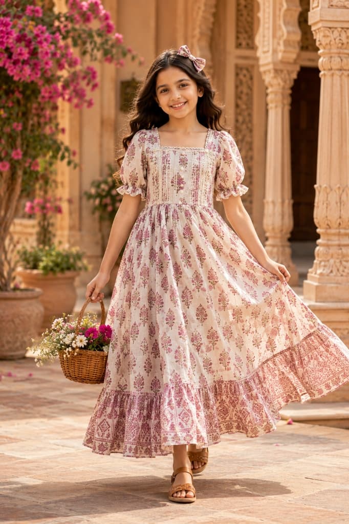 Roshni Plum Berry Puff-Sleeve Pintuck Cotton Dress - Main View