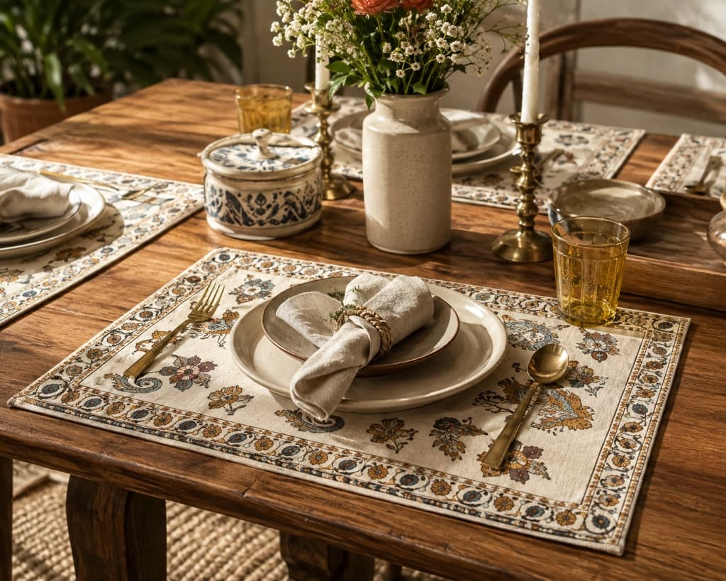 Gulab Amber & Dusty Rose Mughal Floral Hand Block Printed Placemat Set - Main View