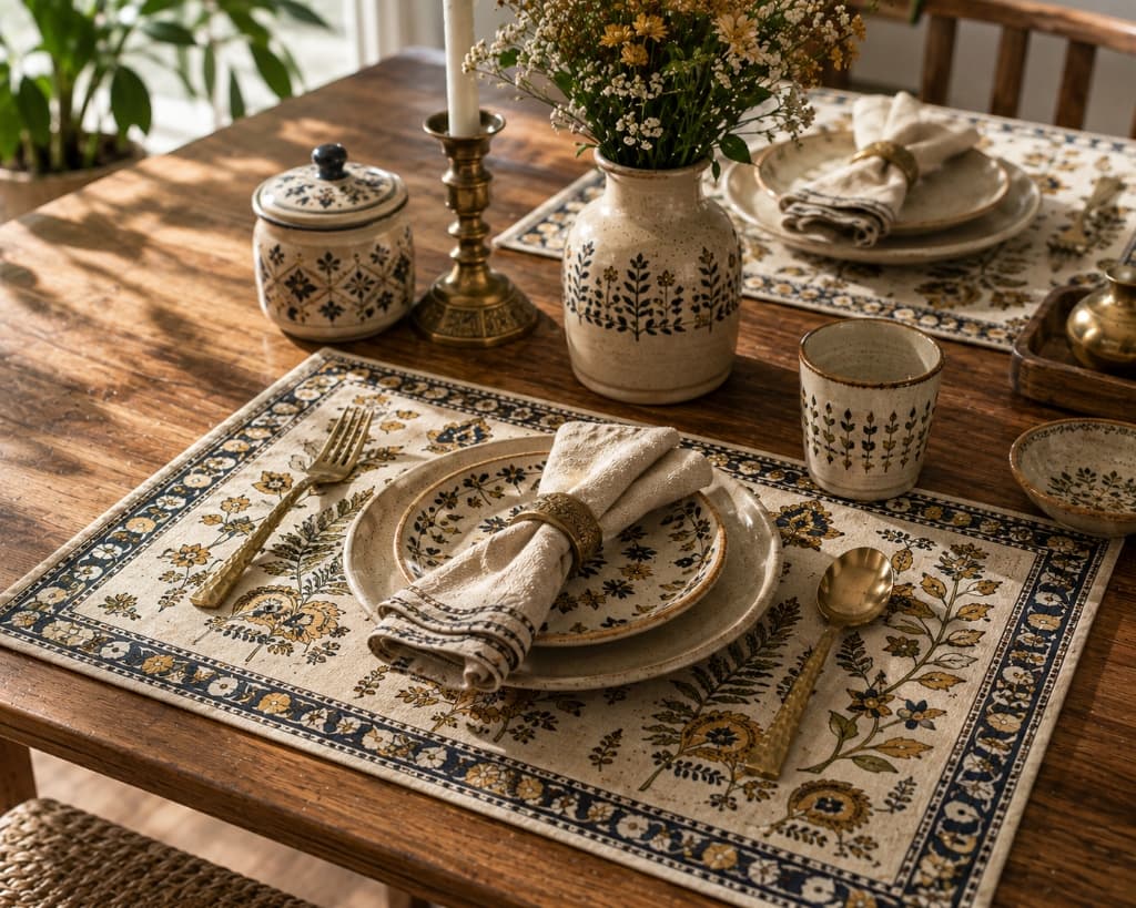 Kesariya Mustard Ochre & Slate Botanical Block Printed Placemat Set - Main View