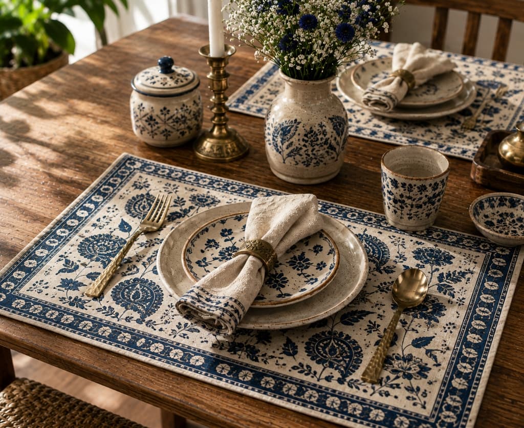 Padmakshi Royal Indigo Lotus & Paisley Block Printed Placemat Set - Main View