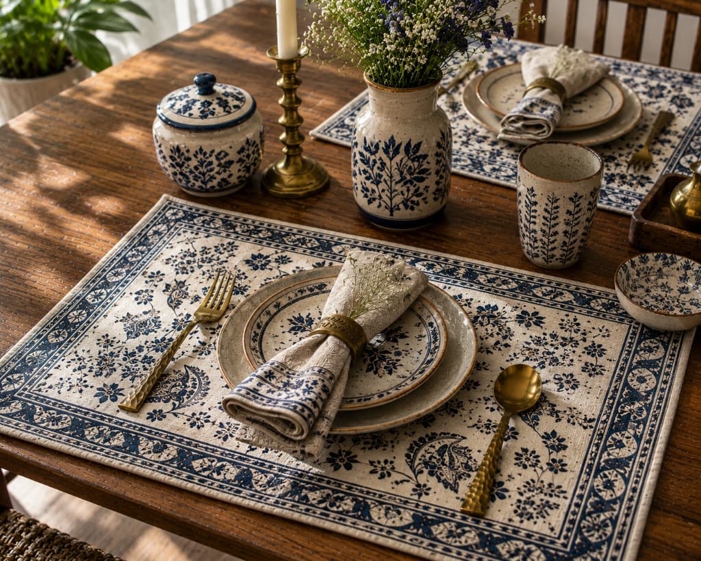 Shyamal Midnight Indigo Floral Jaal Hand Block Printed Placemat Set - Main View
