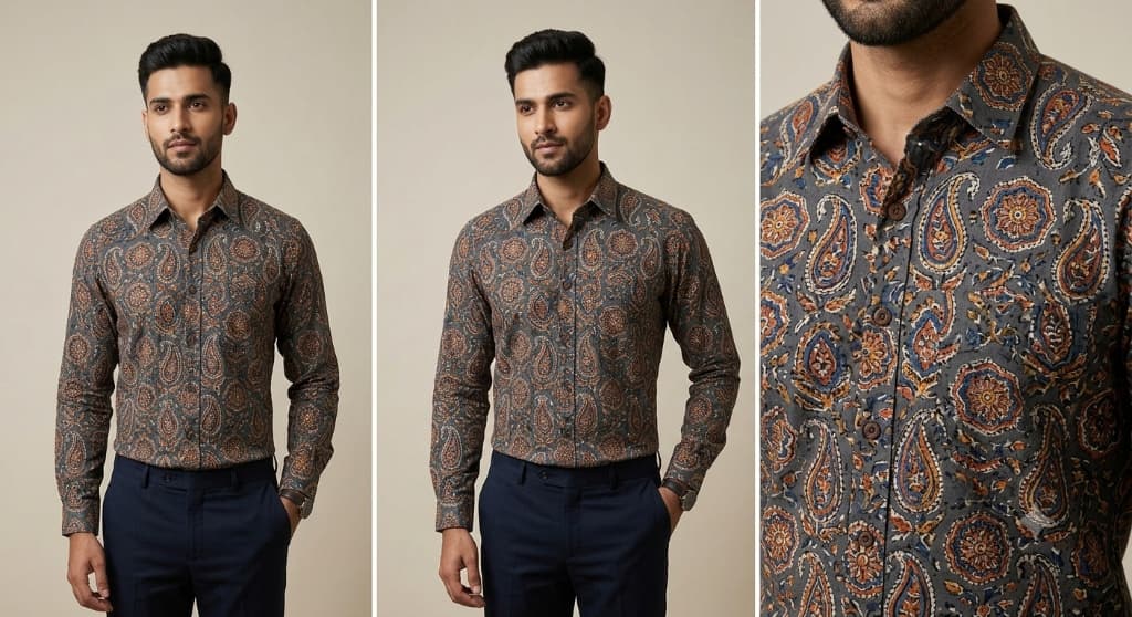 Angad Charcoal Slate & Amber Paisley Block Printed Cotton Shirt - Main View