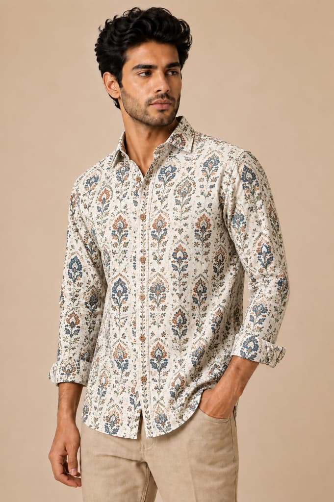 Devraj Ivory & Slate Blue Mughal Boota Block Printed Shirt - Main View
