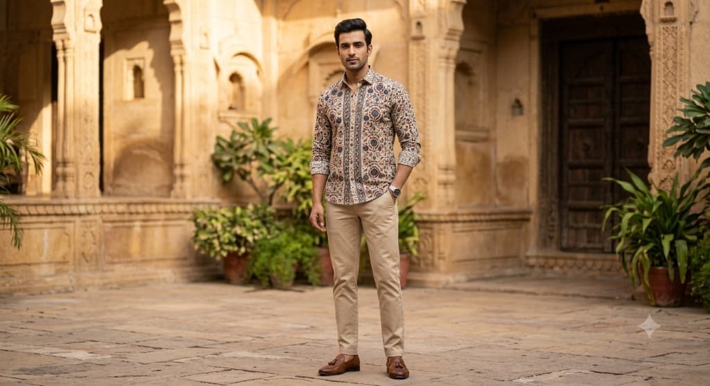 Jaipuri Haveli Courtyard Medallion Block Printed Cotton Shirt - Main View