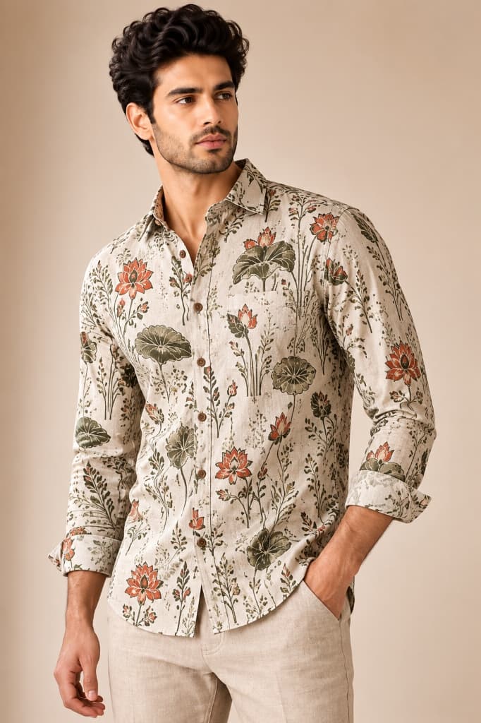 Padma Kamal Talaab Botanical Lotus Hand Block Printed Cotton Shirt - Main View
