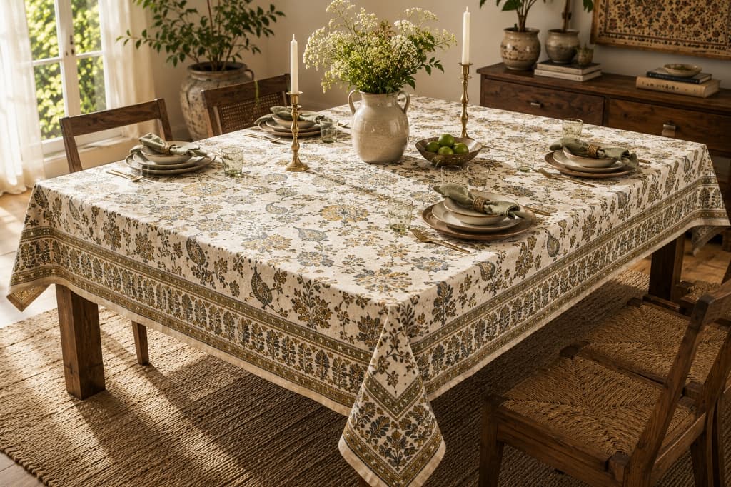 Madhuban Sage & Saffron Gold Floral Block Printed Cotton Tablecloth - Main View