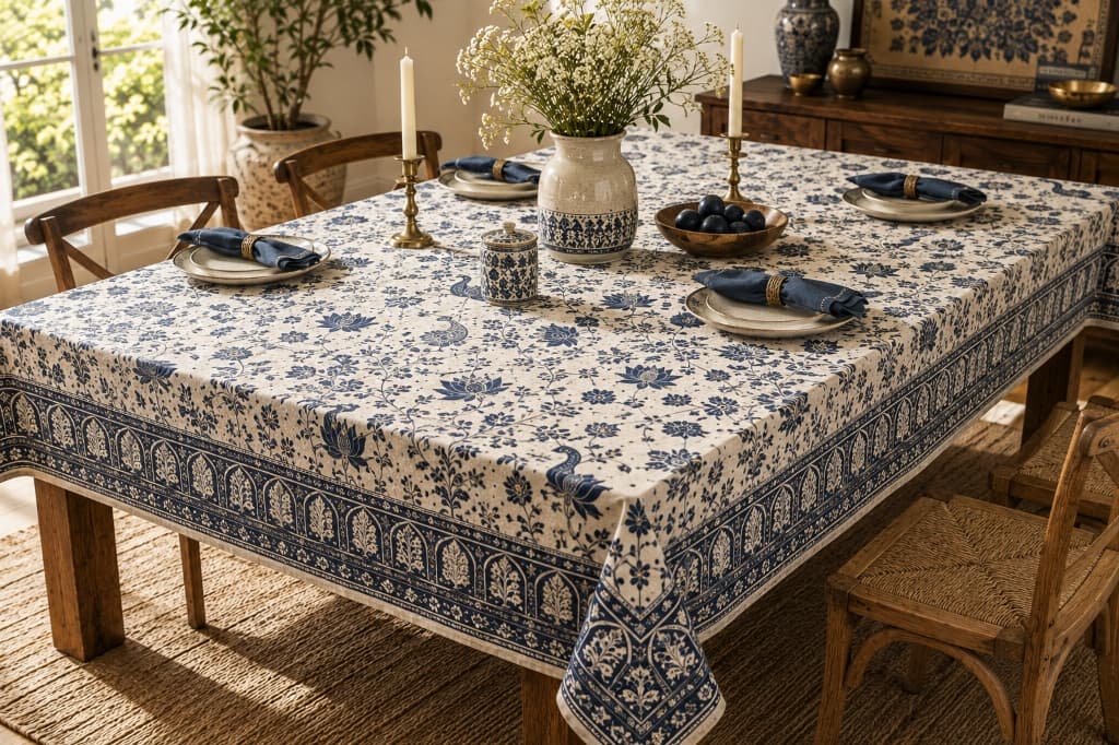 Neelkamal Indigo Lotus & Peacock Arch Block Printed Cotton Tablecloth - Main View