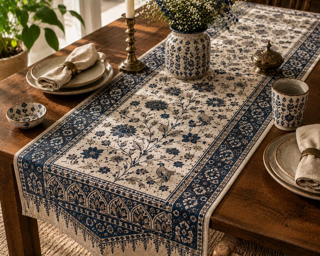 Vanvaas Tree of Life & Songbird Hand Block Printed Cotton Table Runner - Main View